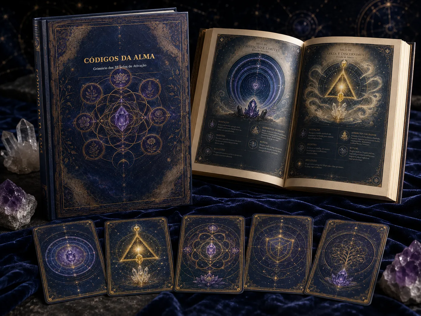 Mockup do grimório digital Códigos da Alma com páginas abertas de símbolos e cristais